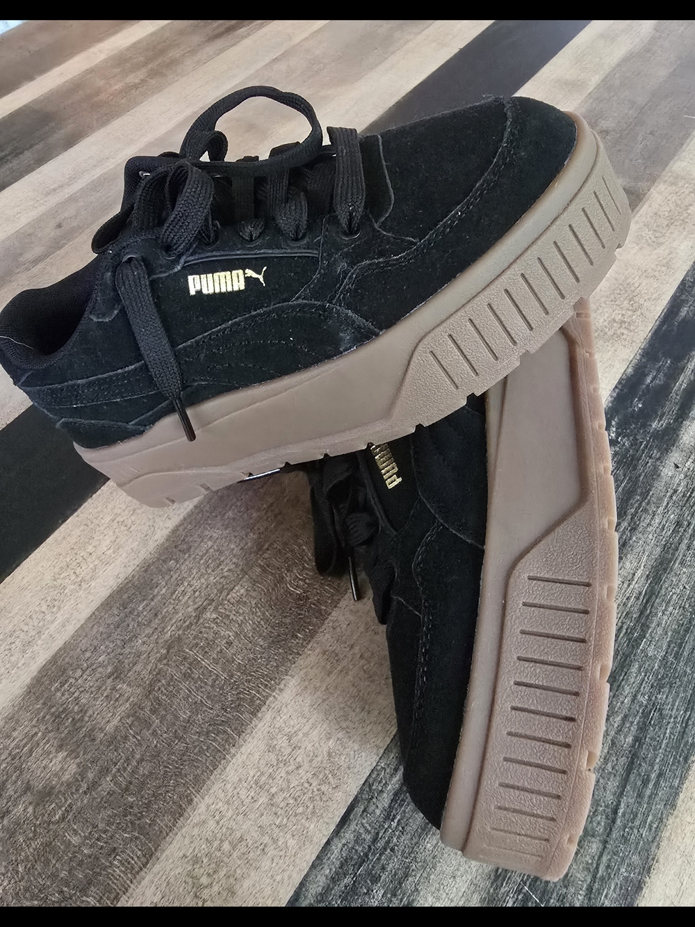 Puma Black Suede Sneakers with Chunky Tan Sole